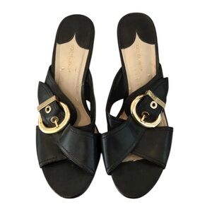 Daisy Fuentes black open toe wedges wicker heel & gold details size 10
